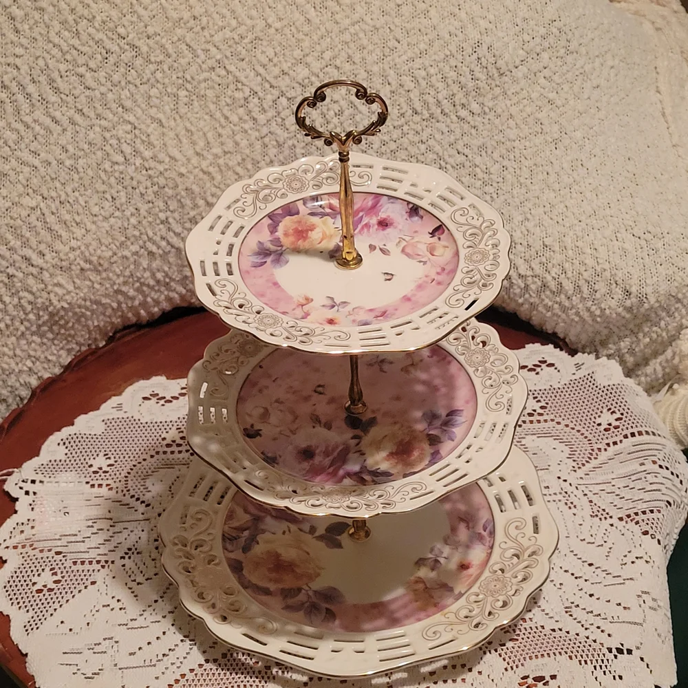 Vintage-Inspired Maison Blanc Tea Time Floral 3 Tiered Serving Stand - Picture 1 of 6
